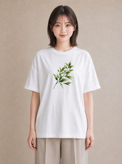 プリントTシャツ レディース 葉っぱ 植物 ボタニカル イラスト 抜け感 公園 ママ 白T YMAZO