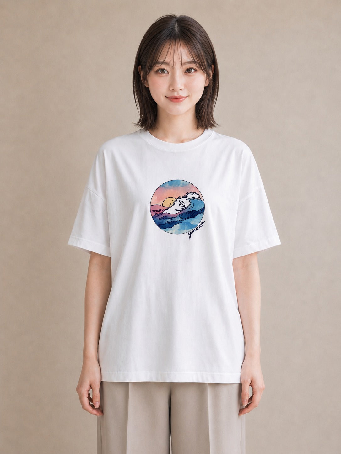 半袖Tシャツ レディース 波 星空 宇宙 イラスト 水彩風 おしゃれギフト 社会人 白T YMAZO