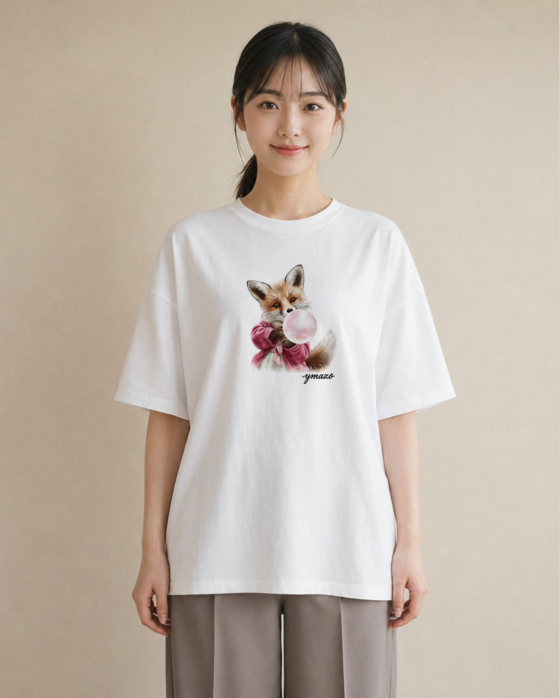プリントTシャツ レディース きつね 動物 アニマル イラスト ユニーク お出かけ 普段着 白T YMAZO