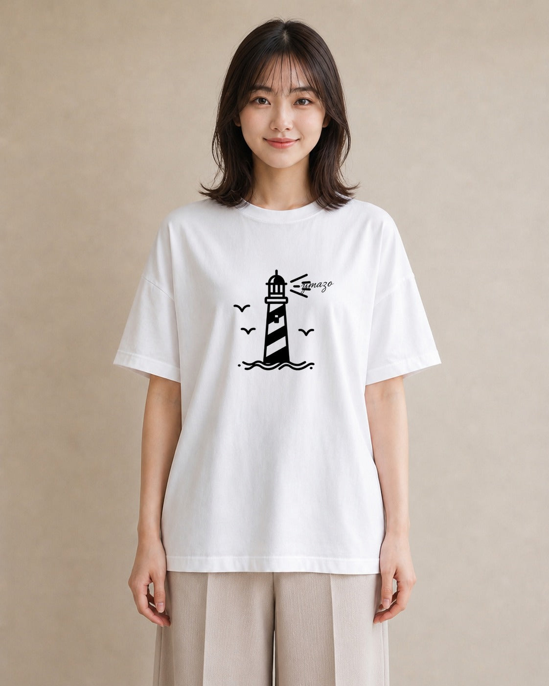 グラフィックTシャツ レディース 灯台 霧 海 ナチュラル アンティーク イラスト レイヤード 友達ギフト 白T YMAZO