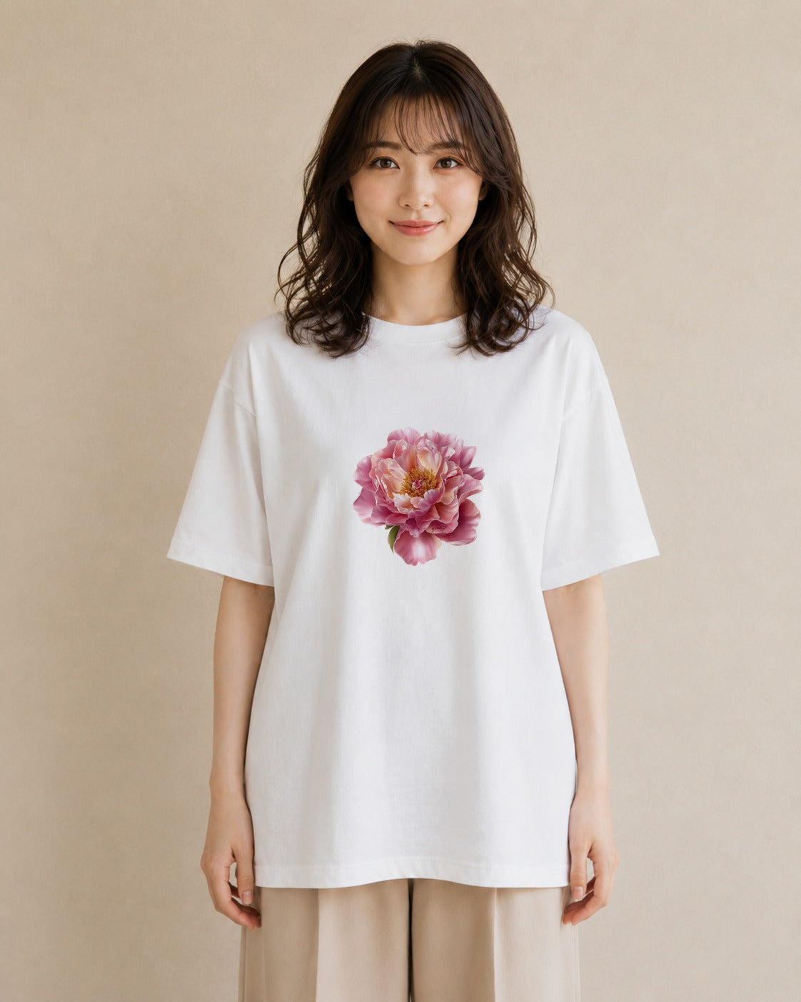 半袖Tシャツ レディース 牡丹 花 花柄 イラスト ゆるコーデ 敬老の日 ホワイトデー 白T YMAZO