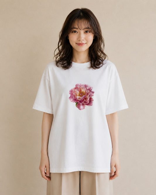 半袖Tシャツ レディース 牡丹 花 花柄 イラスト ゆるコーデ 敬老の日 ホワイトデー 白T YMAZO