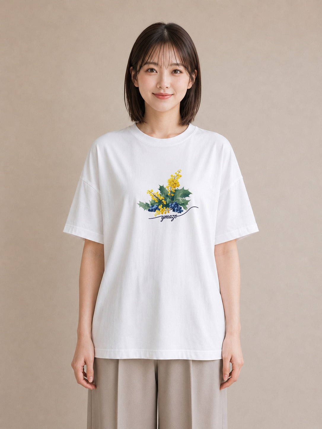 半袖Tシャツ レディース ミモザ 花 花柄 イラスト ユニーク 女性向けギフト 散歩 白T