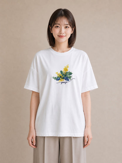 半袖Tシャツ レディース ミモザ 花 花柄 イラスト ユニーク 女性向けギフト 散歩 白T