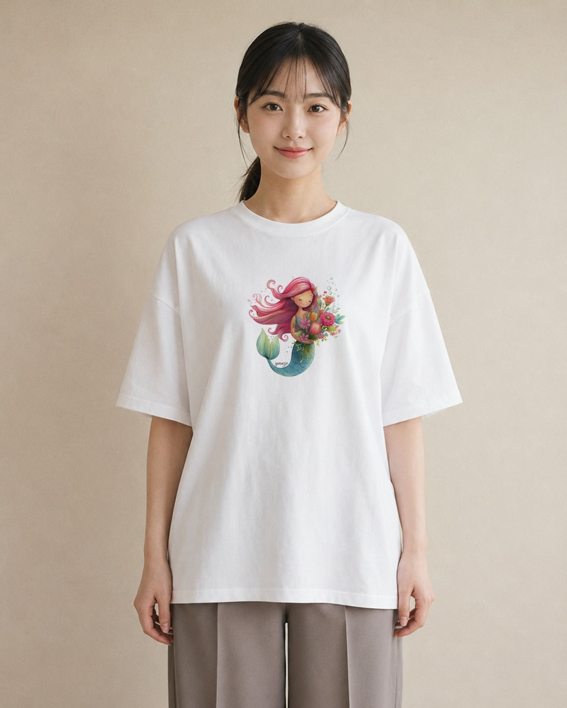 デザインTシャツ レディース 人魚 海の生き物 海 イラスト 韓国風 ギフト 母の日 白T YMAZO