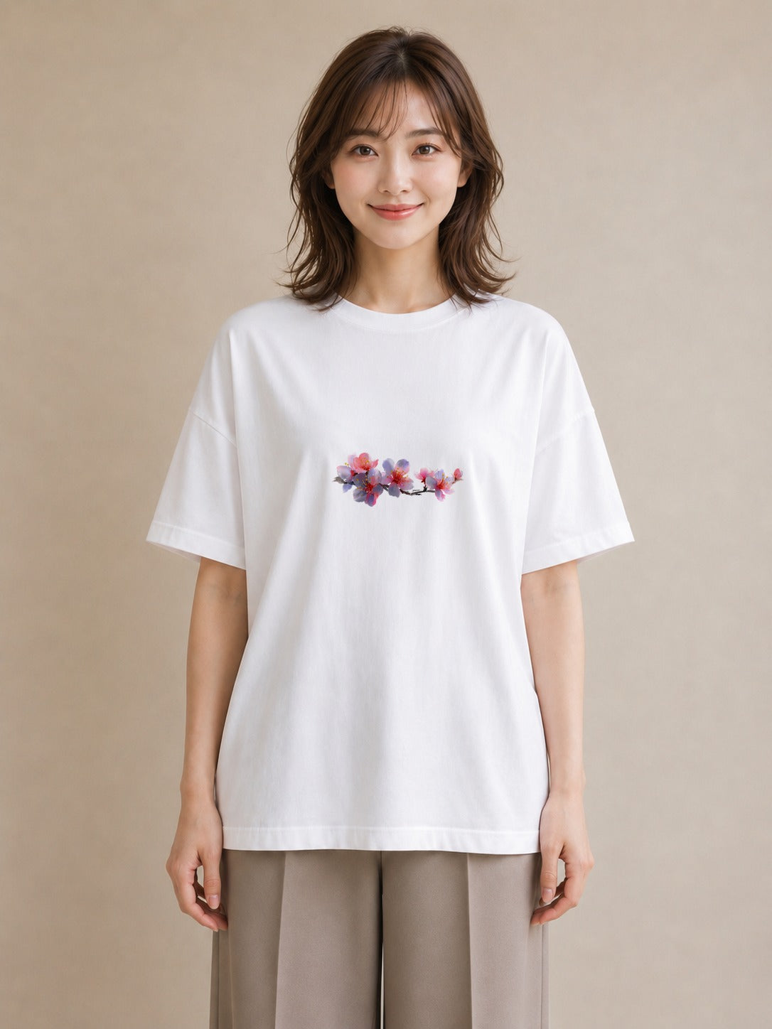半袖Tシャツ レディース 花 花柄 イラスト 上品 社会人 女性 白T