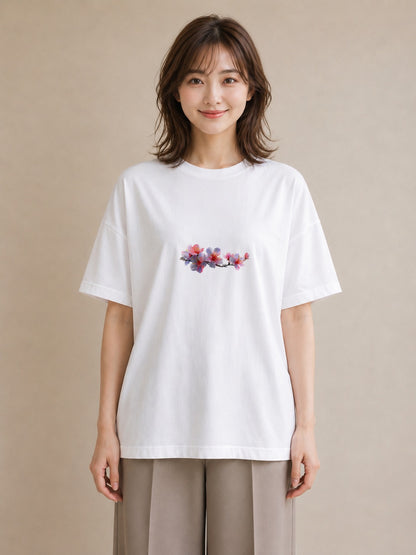 半袖Tシャツ レディース 花 花柄 イラスト 上品 社会人 女性 白T