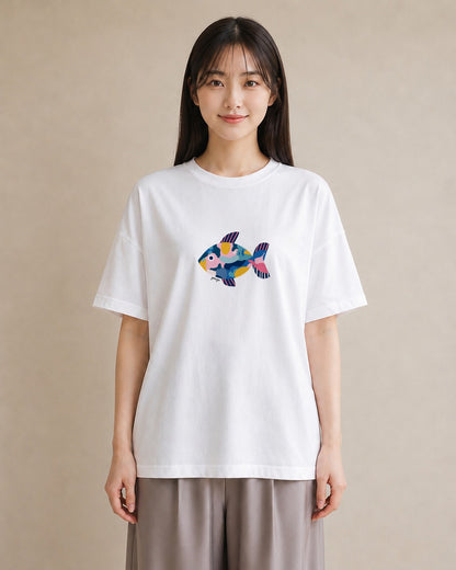 半袖Tシャツ レディース 熱帯魚 海の生き物 海 イラスト レトロ 女性 旅行用 白T YMAZO
