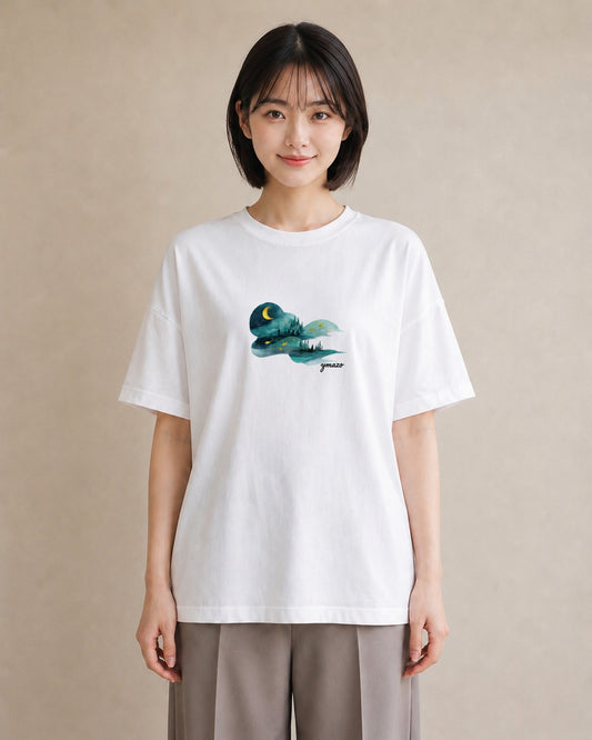Tシャツ レディース オーロラ 星空 宇宙 イラスト 北欧風 帰省 ラフ 白T YMAZO