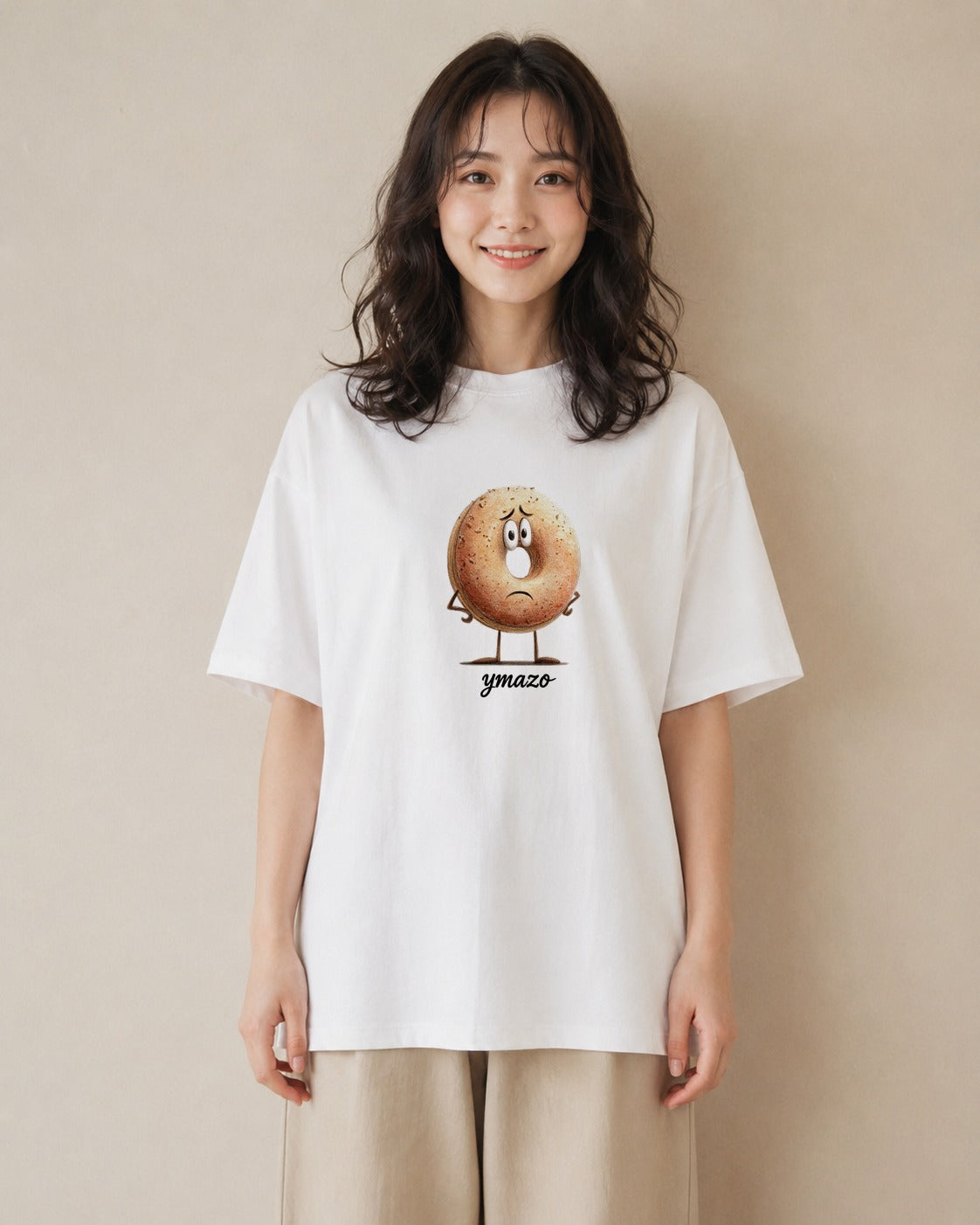 プリントTシャツ レディース ベーグル 食べ物 フード イラスト ミニマル 親子 20代 白T YMAZO