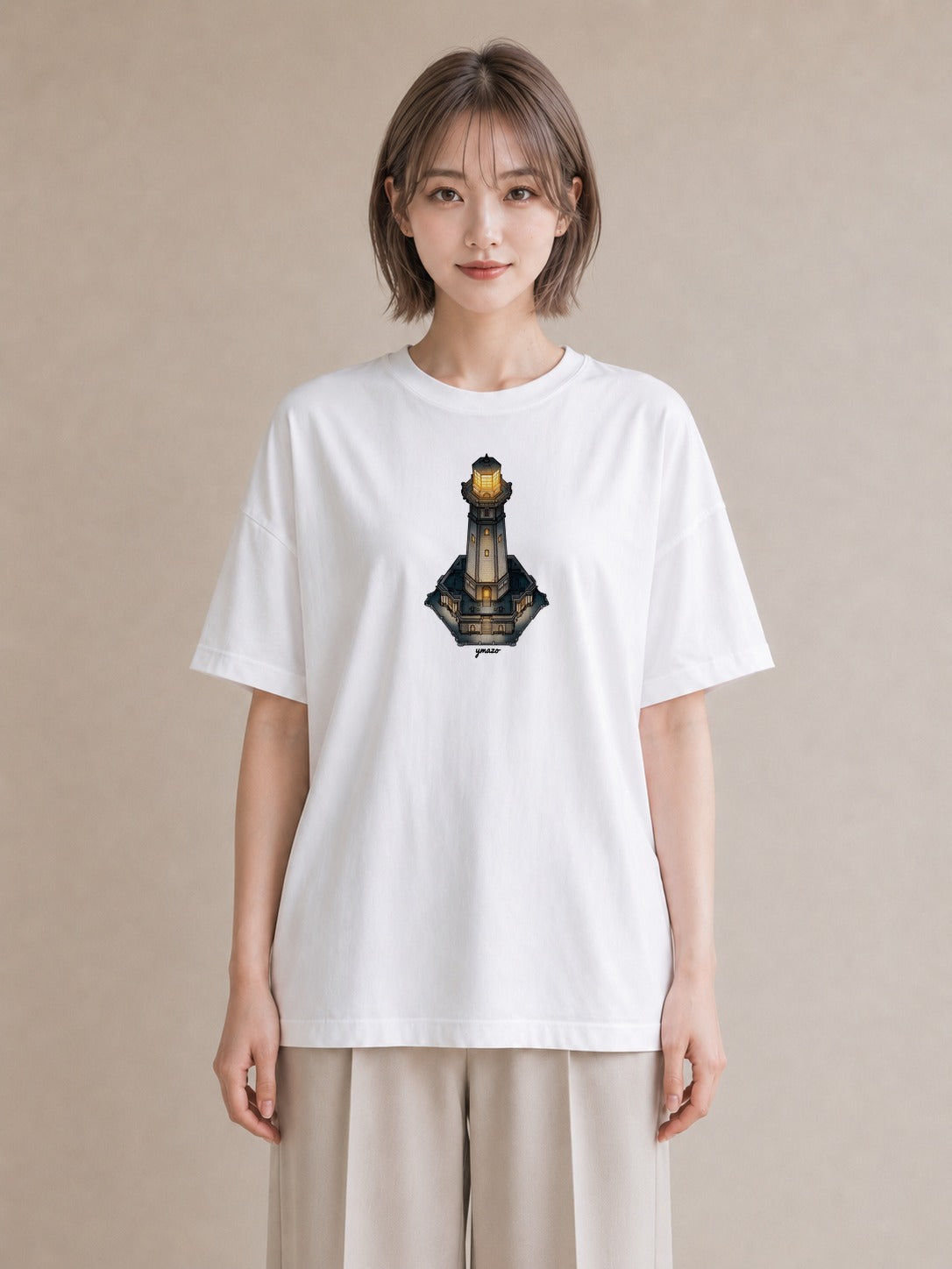 デザインTシャツ レディース 灯台 霧 海 ナチュラル アンティーク イラスト 抜け感 通学 誕生日プレゼント 白T YMAZO