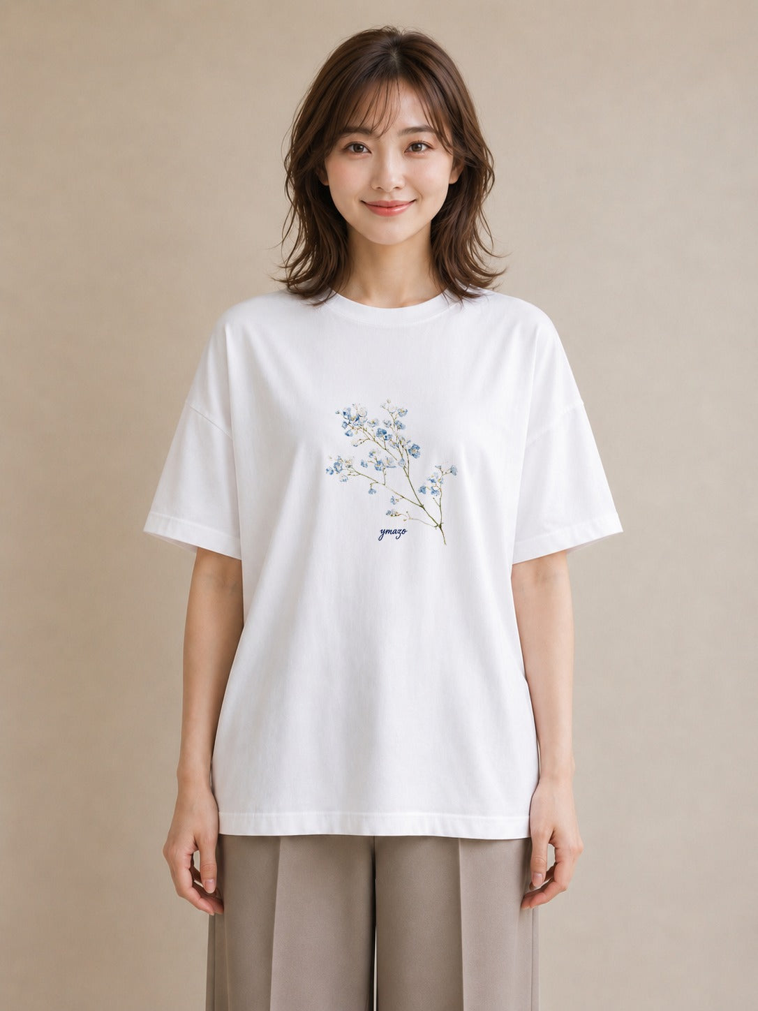 デザインTシャツ レディース カスミソウ かすみ草 花 花柄 イラスト 海 カフェ巡り 白T YMAZO