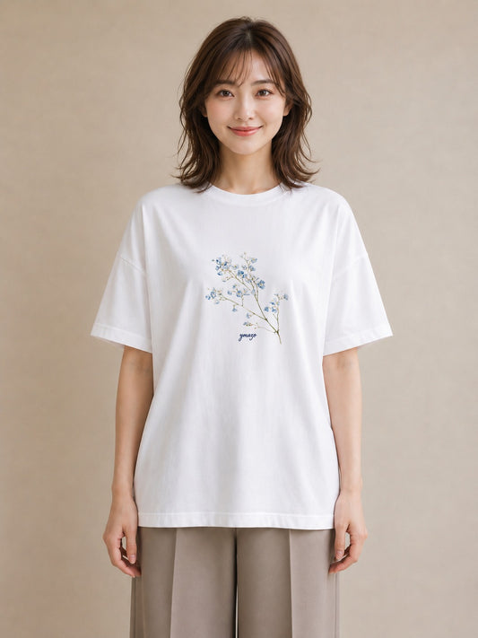 デザインTシャツ レディース カスミソウ かすみ草 花 花柄 イラスト 海 カフェ巡り 白T YMAZO