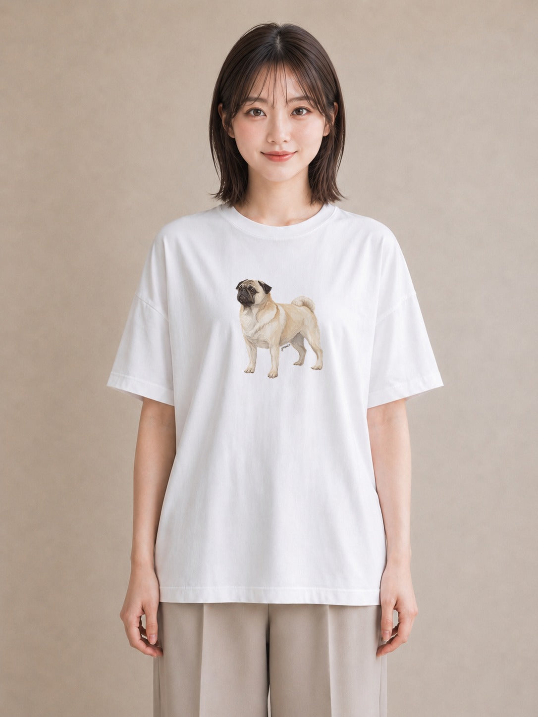 グラフィックTシャツ レディース パグ 犬 いぬ イラスト 旅行コーデ 春服 ミセス 白T YMAZO