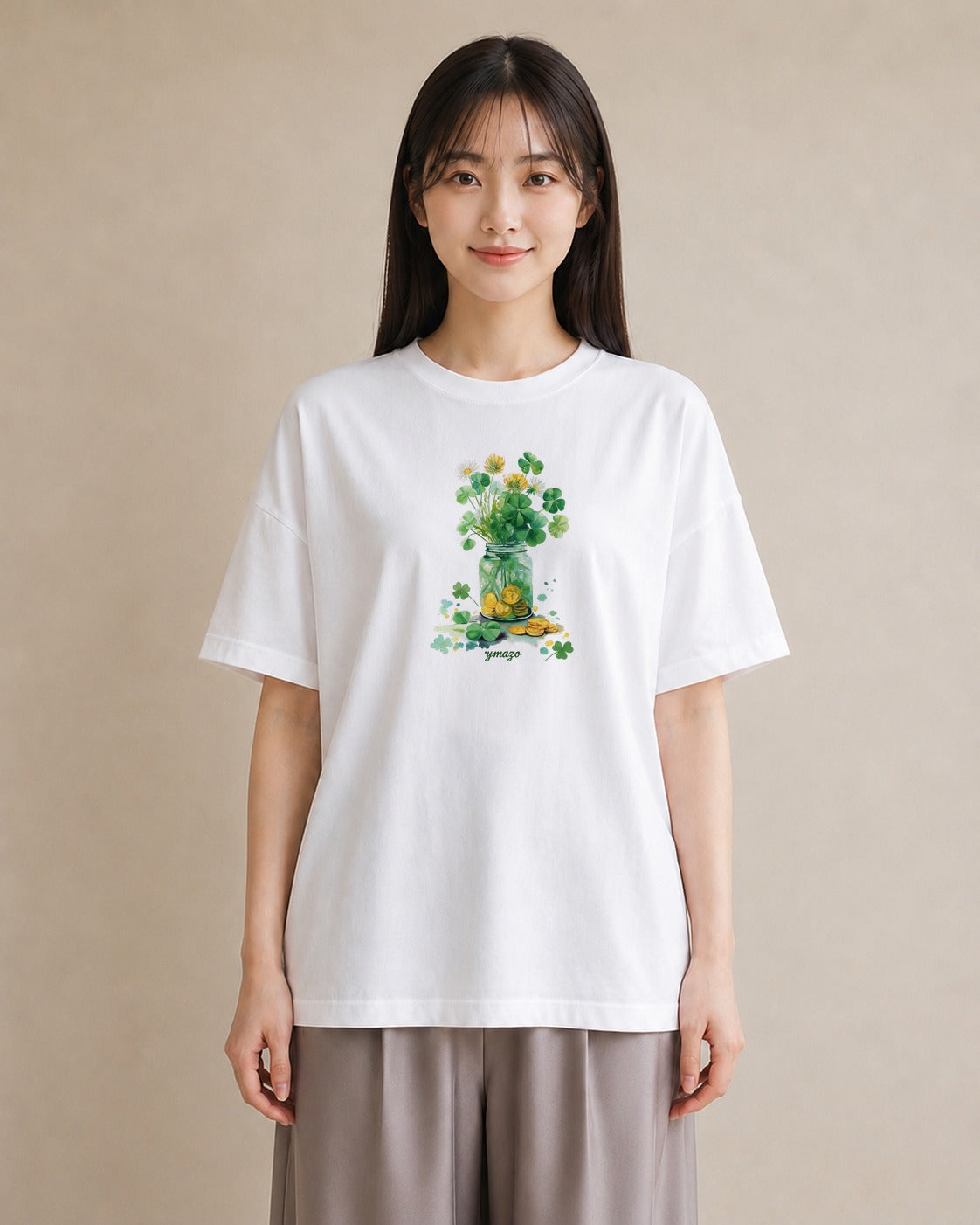 グラフィックTシャツ レディース クローバー 四つ葉 花 花柄 イラスト 旅行コーデ カフェ服 クリスマス 白T YMAZO