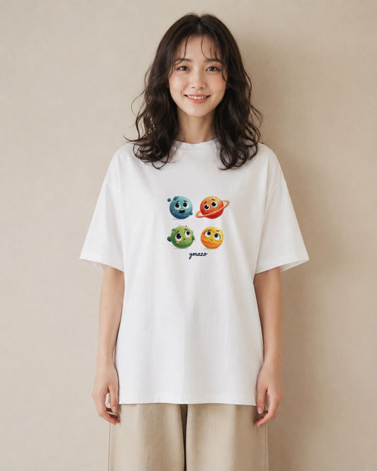プリントTシャツ レディース 土星 星空 宇宙 イラスト 抜け感 春コーデ 姉妹 白T YMAZO