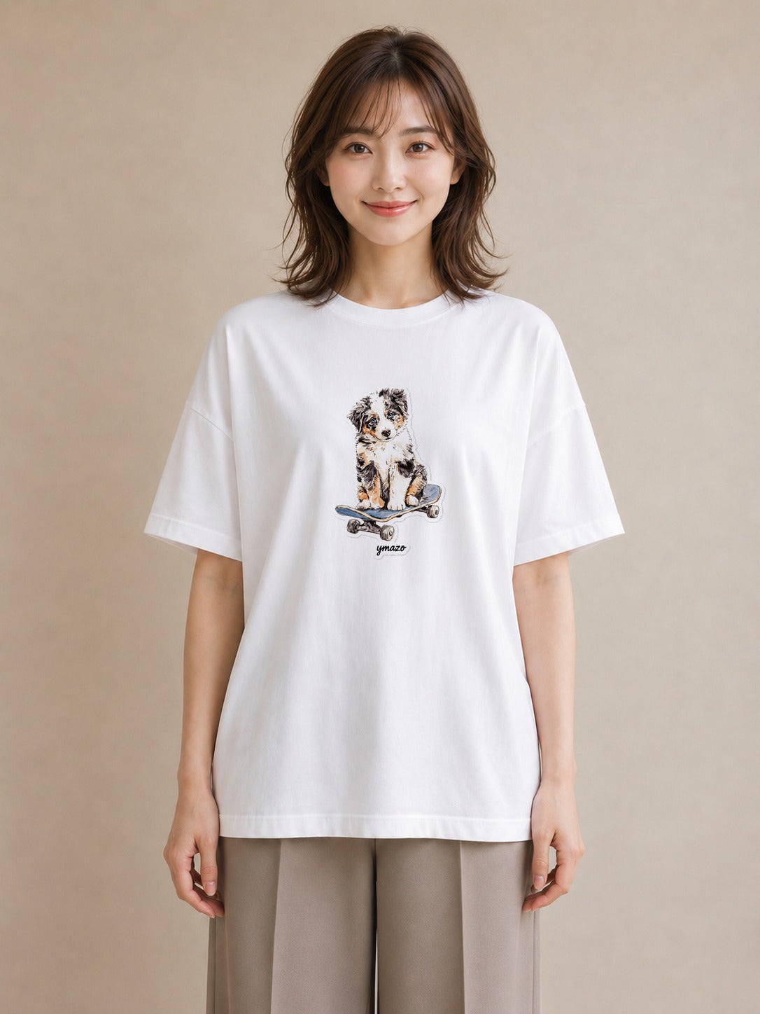 プリントTシャツ レディース ボーダーコリー 犬 いぬ イラスト ヴィンテージ風 公園 ママ 白T YMAZO