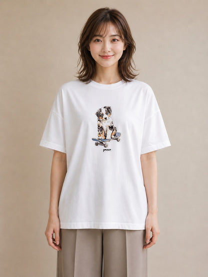 プリントTシャツ レディース ボーダーコリー 犬 いぬ イラスト ヴィンテージ風 公園 ママ 白T YMAZO