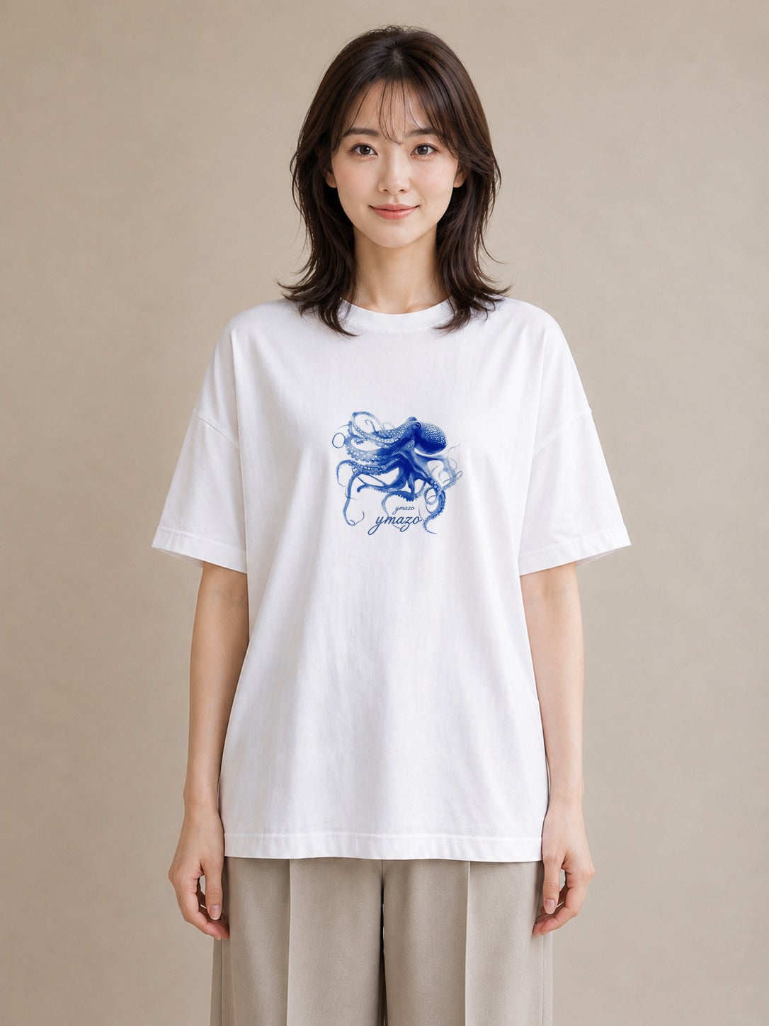 半袖Tシャツ レディース イカ 海の生き物 海 イラスト 休日コーデ カフェ巡り 白T YMAZO