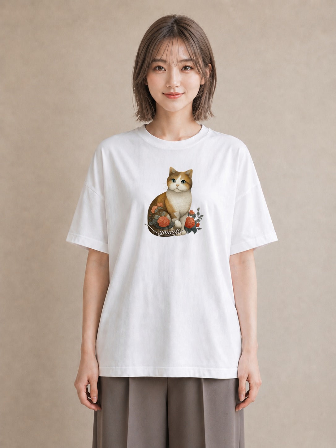 Tシャツ レディース 茶トラ 茶猫 猫 ねこ イラスト 水彩風 公園 ママ 白T YMAZO