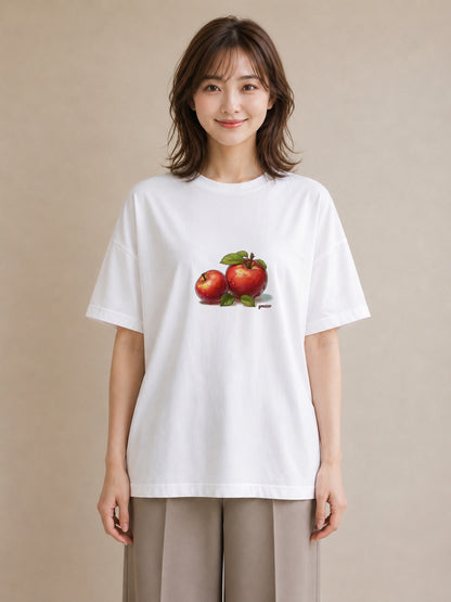 グラフィックTシャツ レディース りんご 林檎 アップル 食べ物 フード イラスト ナチュラル 休日 ペアコーデ 白T YMAZO