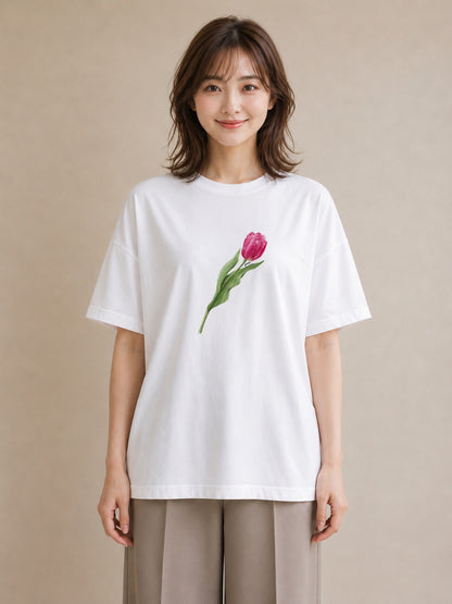 プリントTシャツ レディース チューリップ 花 花柄 イラスト 手描き風 カフェ服 クリスマス 白T