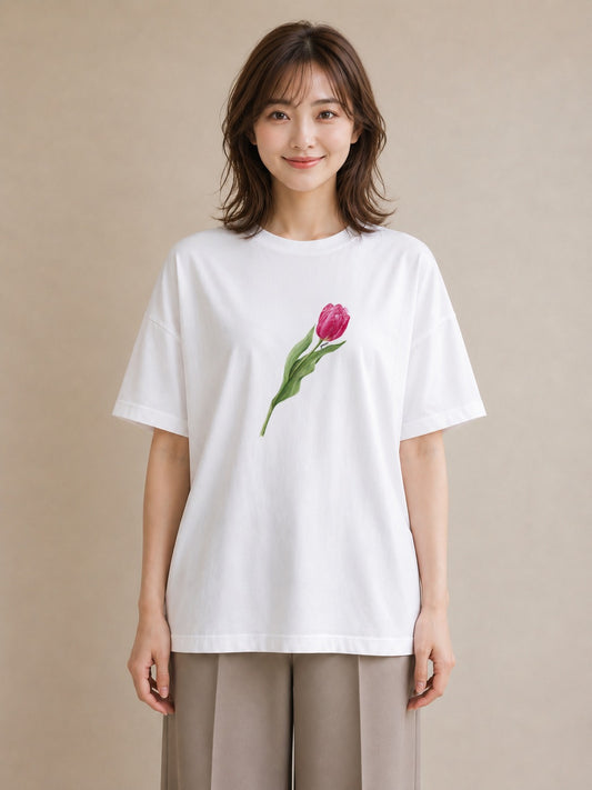 プリントTシャツ レディース チューリップ 花 花柄 イラスト 手描き風 カフェ服 クリスマス 白T YMAZO