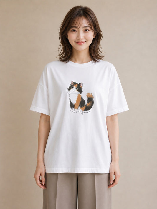 半袖Tシャツ レディース マンチカン 猫 ねこ イラスト 北欧風 敬老の日 ホワイトデー 白T YMAZO