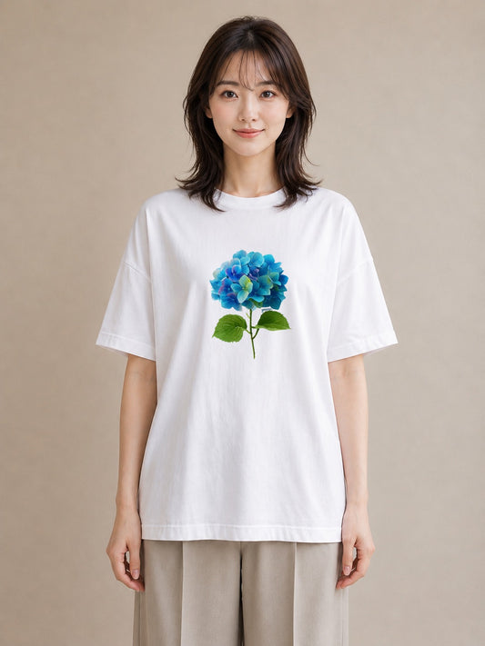 半袖Tシャツ レディース あじさい 紫陽花 アジサイ 花 花柄 イラスト 可愛い 自分用 ルームウェア 白T YMAZO