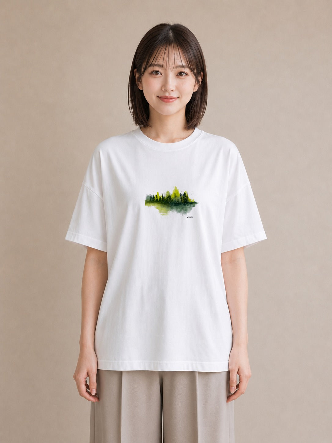 Tシャツ レディース 森 植物 ボタニカル イラスト 線画 カジュアルコーデ 買い物 白T YMAZO