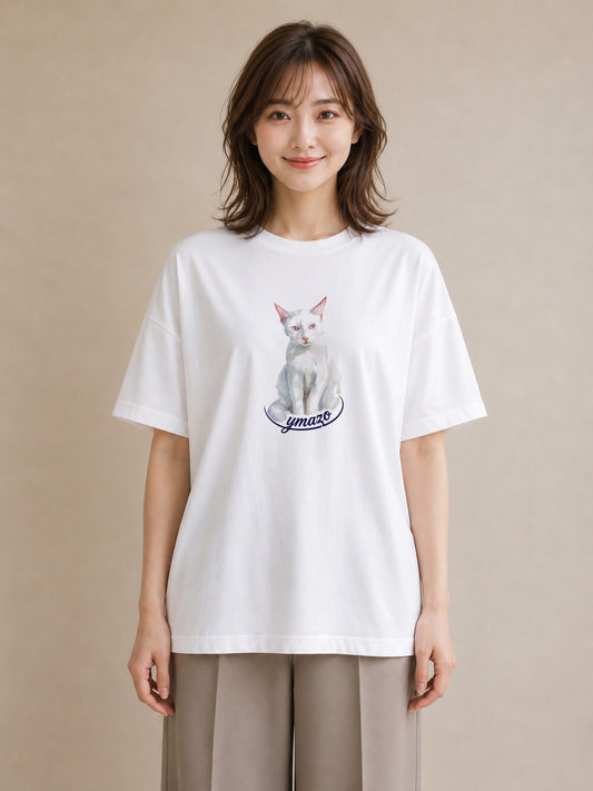 プリントTシャツ レディース 肉球 猫 ねこ イラスト こなれ感 ビーチ デイリーウェア 白T YMAZO