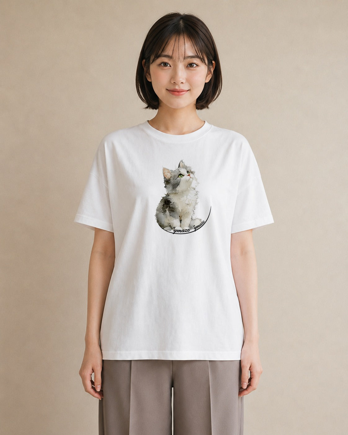 Tシャツ レディース 猫 ねこ イラスト ポップ 公園 ママ 白T YMAZO
