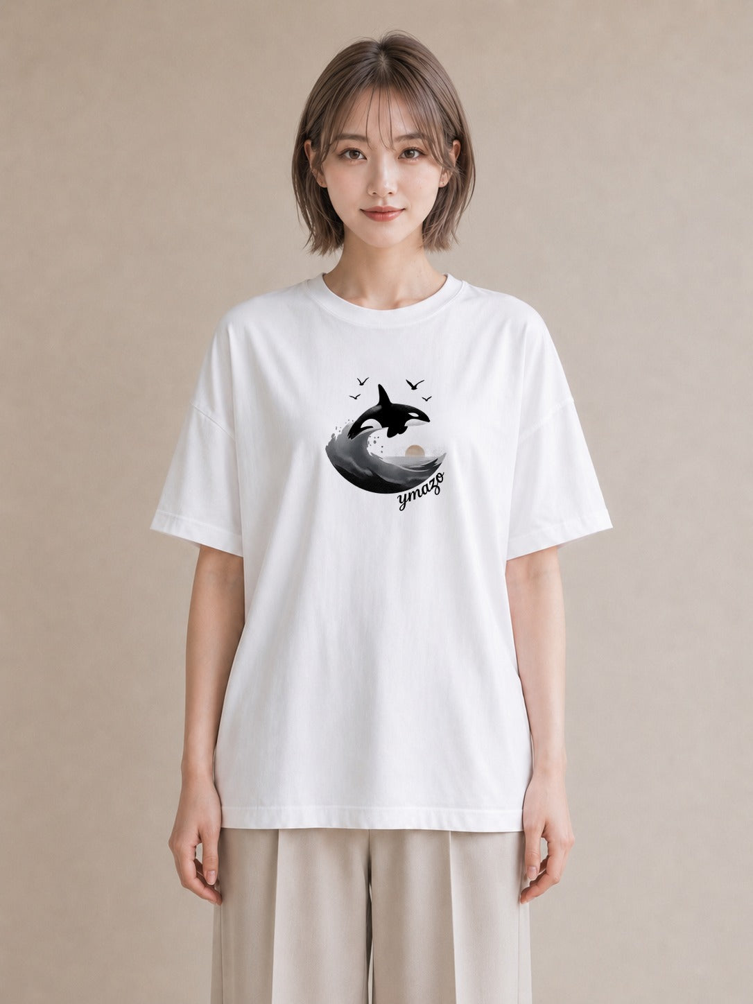 半袖Tシャツ レディース シャチ 海の生き物 海 イラスト 個性的 夏コーデ 通学 白T YMAZO