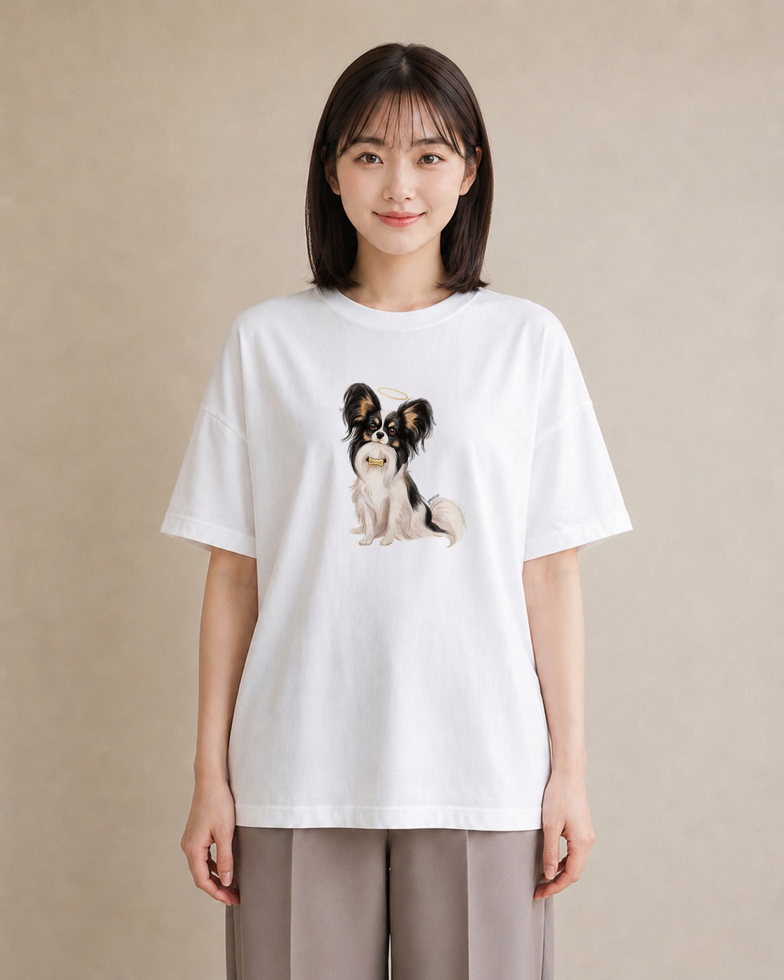 デザインTシャツ レディース パピヨン 犬 いぬ イラスト シック カフェ巡り 女子会 白T YMAZO