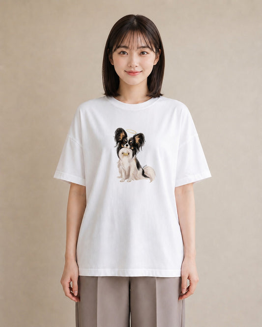 デザインTシャツ レディース パピヨン 犬 いぬ イラスト シック カフェ巡り 女子会 白T