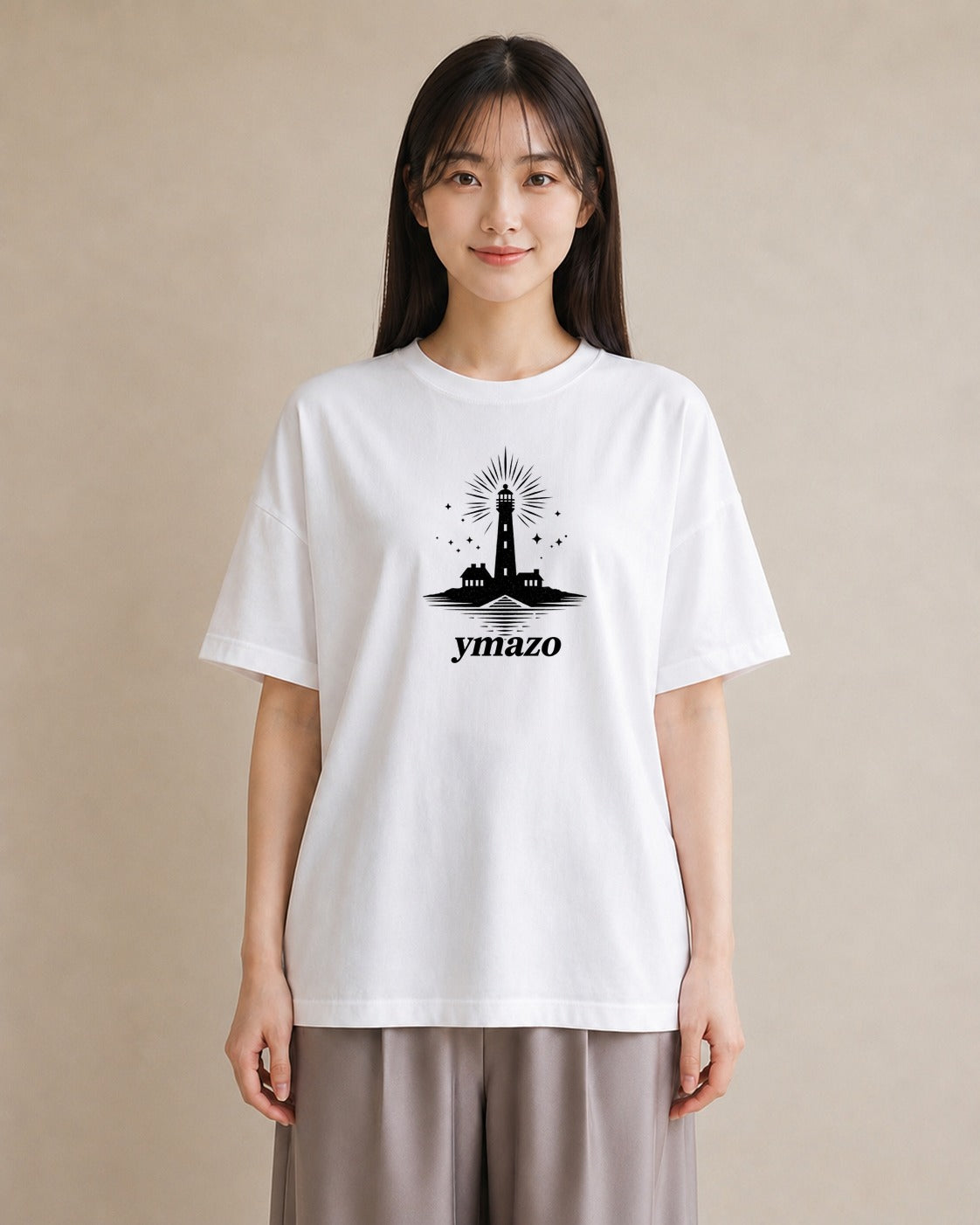 プリントTシャツ レディース 灯台 霧 海 ナチュラル アンティーク イラスト 上品 在宅 公園 白T YMAZO