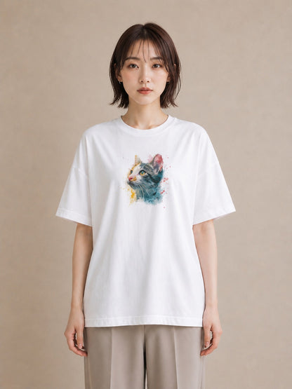 プリントTシャツ レディース ロシアンブルー 猫 ねこ イラスト ビーチ デイリーウェア 白T YMAZO