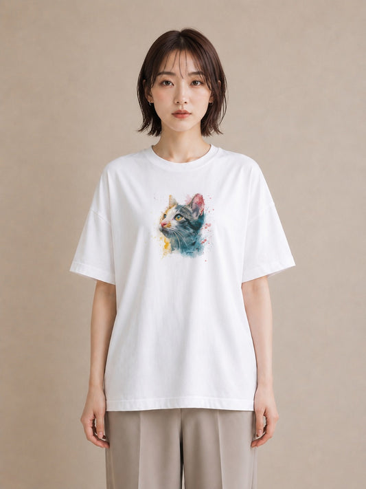 プリントTシャツ レディース ロシアンブルー 猫 ねこ イラスト ビーチ デイリーウェア 白T YMAZO