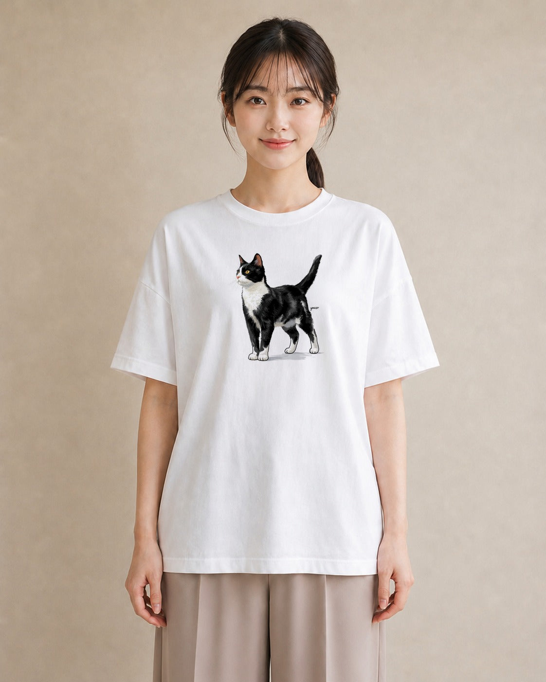 半袖Tシャツ レディース しっぽ 猫 ねこ イラスト ヴィンテージ風 在宅 公園 白T YMAZO