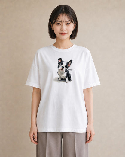 Tシャツ レディース ボストンテリア 犬 いぬ イラスト お洒落 ペアコーデ 秋コーデ 白T YMAZO