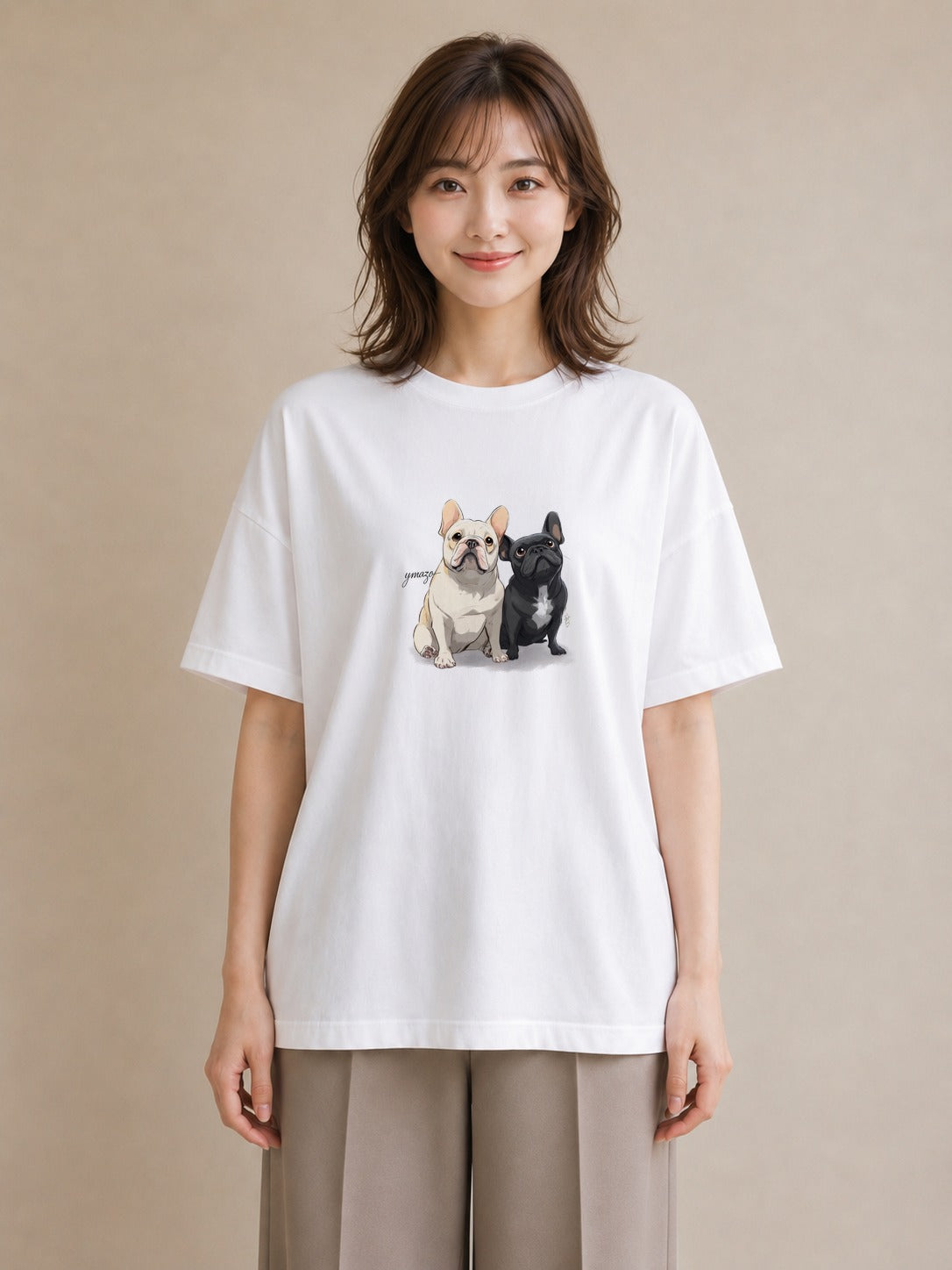 グラフィックTシャツ レディース フレンチブルドッグ フレブル 犬 いぬ イラスト 韓国風 カフェ巡り 女子会 白T YMAZO