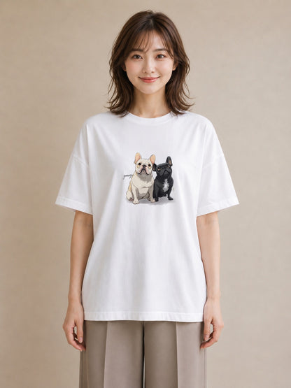 グラフィックTシャツ レディース フレンチブルドッグ フレブル 犬 いぬ イラスト 韓国風 カフェ巡り 女子会 白T YMAZO