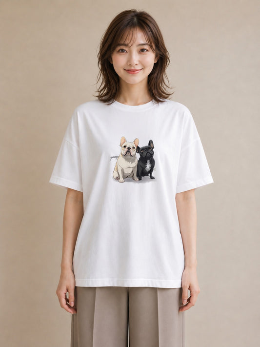 グラフィックTシャツ レディース フレンチブルドッグ フレブル 犬 いぬ イラスト 韓国風 カフェ巡り 女子会 白T