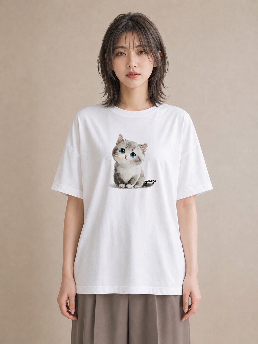 Tシャツ レディース 白猫 猫 ねこ イラスト お揃い 親子 白T YMAZO