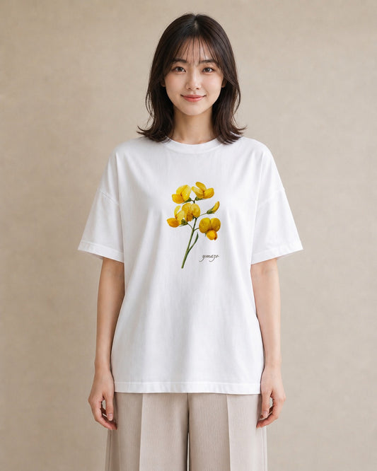 デザインTシャツ レディース ミモザ 花 花柄 イラスト こなれ感 誕生日プレゼント 綿100 白T YMAZO