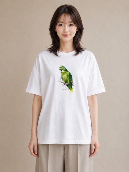 プリントTシャツ レディース コザクラインコ ペット 動物 イラスト 線画 ママ カフェ服 白T YMAZO