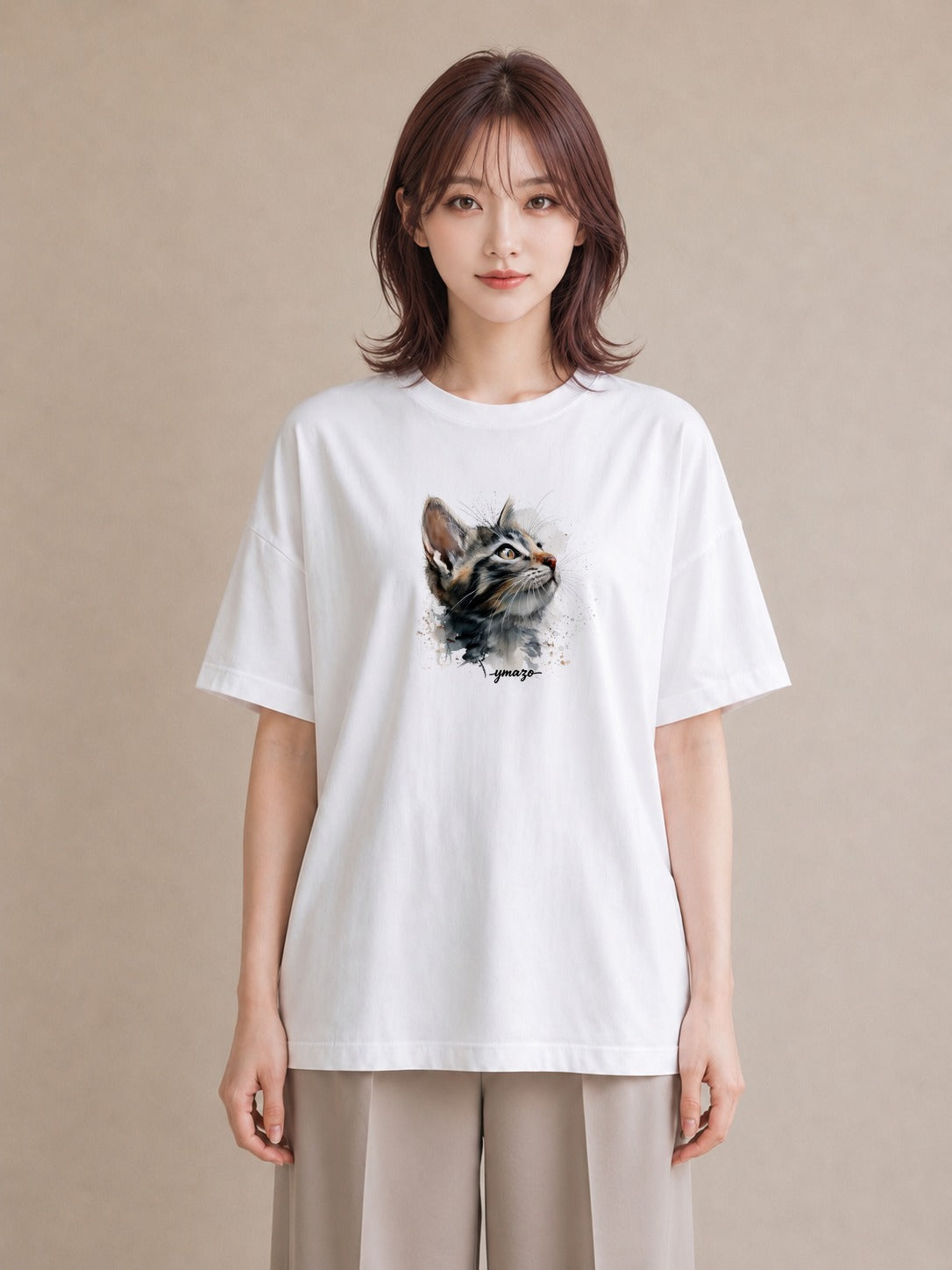 デザインTシャツ レディース 愛猫 猫 ねこ イラスト 韓国風 ミセス 春コーデ 白T YMAZO