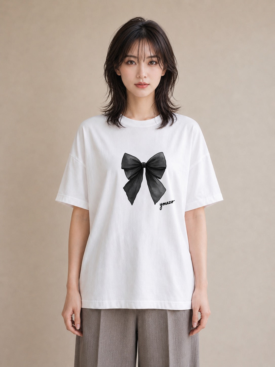 Tシャツ レディース リボン 蝶結び ナチュラル アンティーク イラスト 淡色 買い物 夏コーデ 白T YMAZO