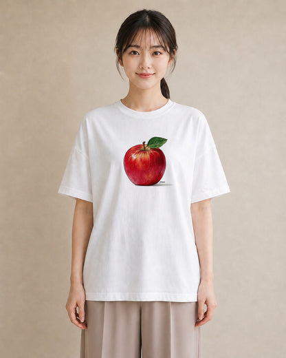 半袖Tシャツ レディース りんご 林檎 アップル 食べ物 フード イラスト レトロ カフェ服 クリスマス 白T YMAZO