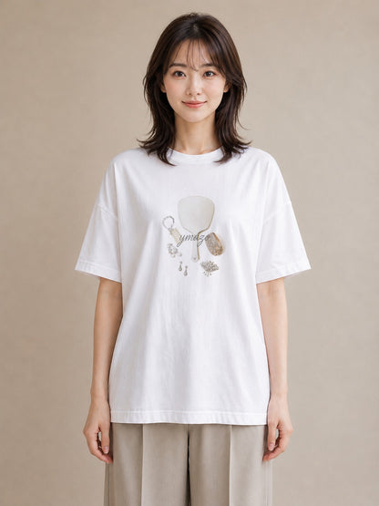 グラフィックTシャツ レディース 手鏡 アンティーク レトロ ナチュラル イラスト 北欧風 ホワイトデー 春服 白T YMAZO